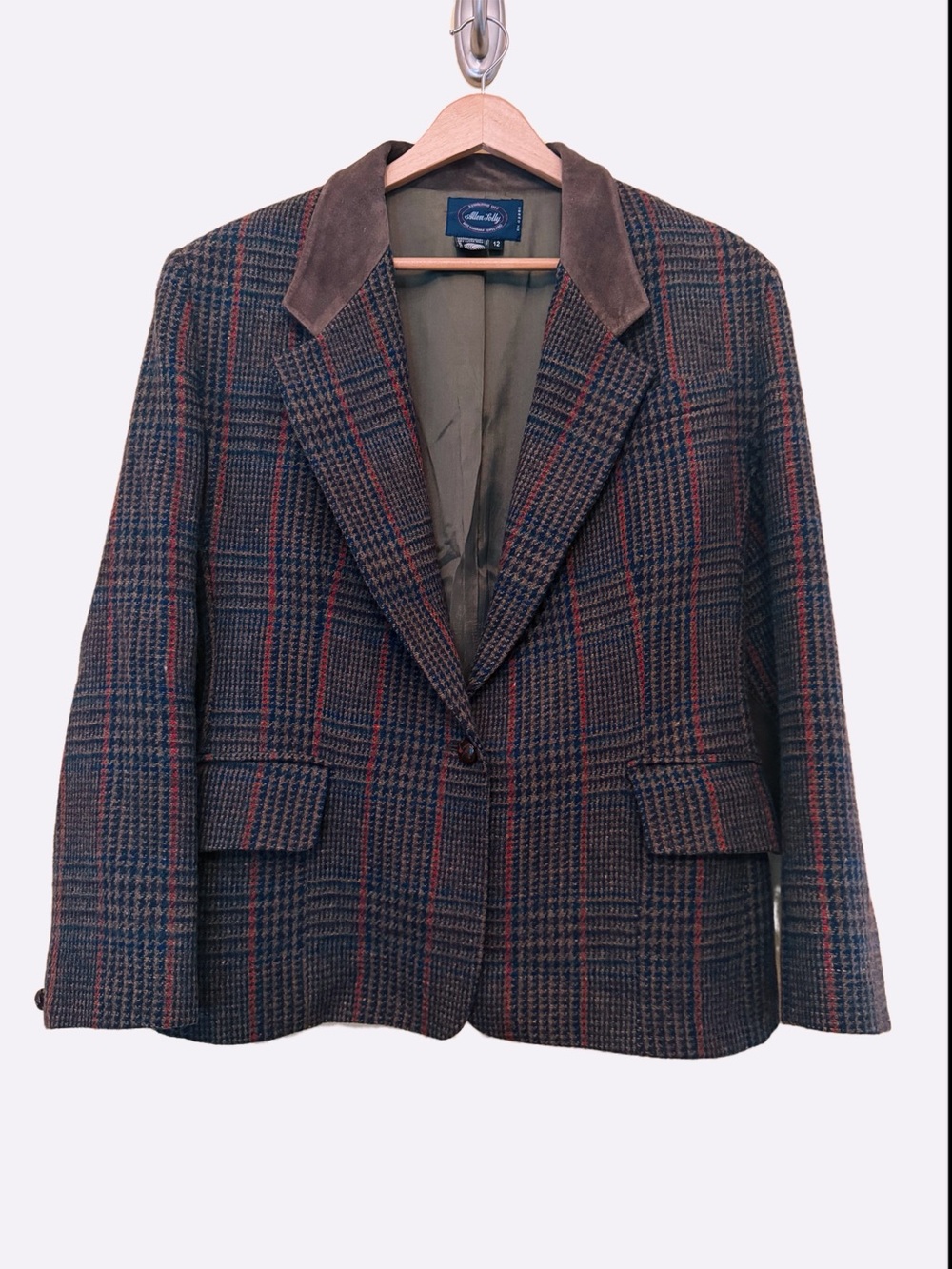 VTG Allen Solly 100% Wool Plaid Blazer Suede Elbow Patch Leather Button Luxe 12